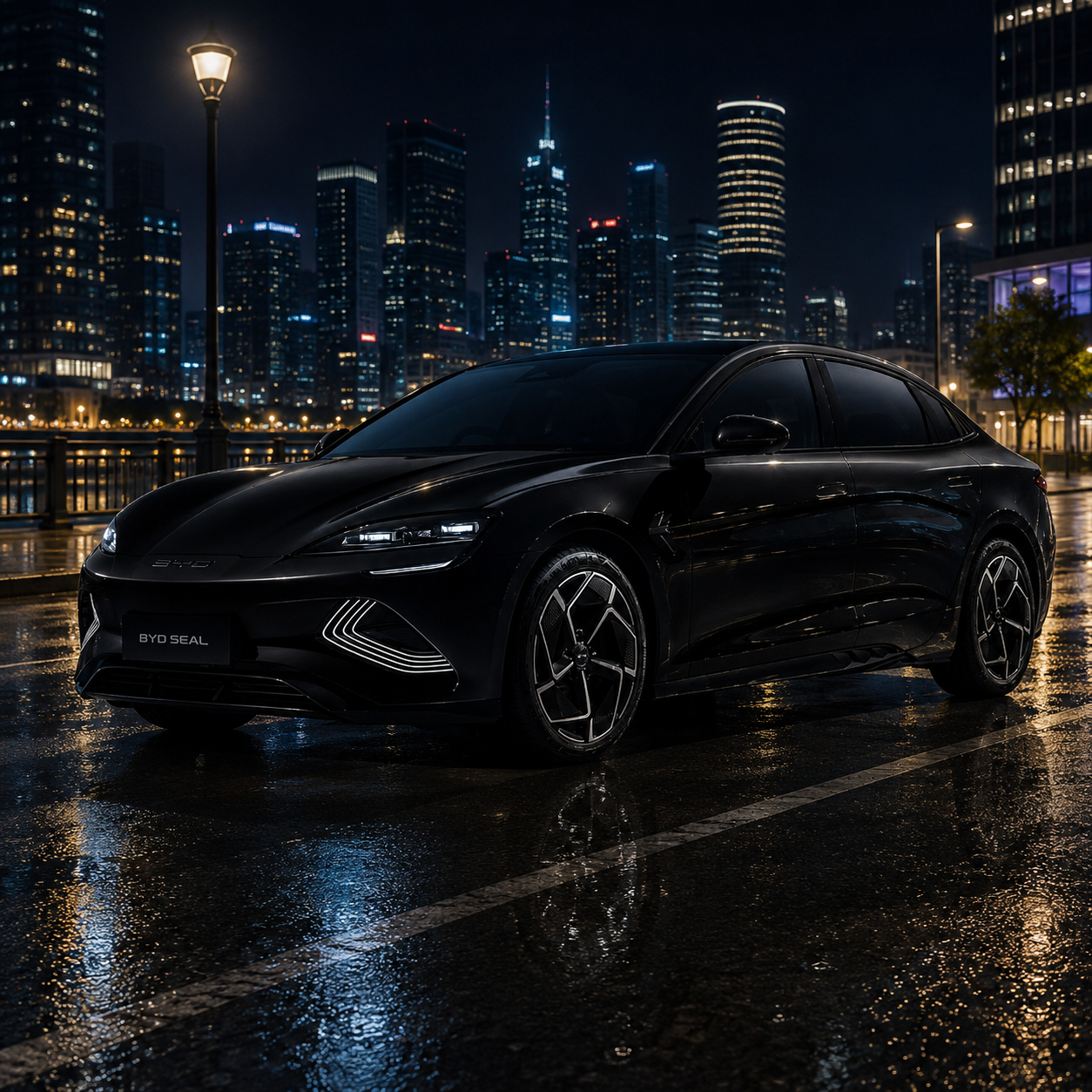 Black BYD Seal on a wet city street at night