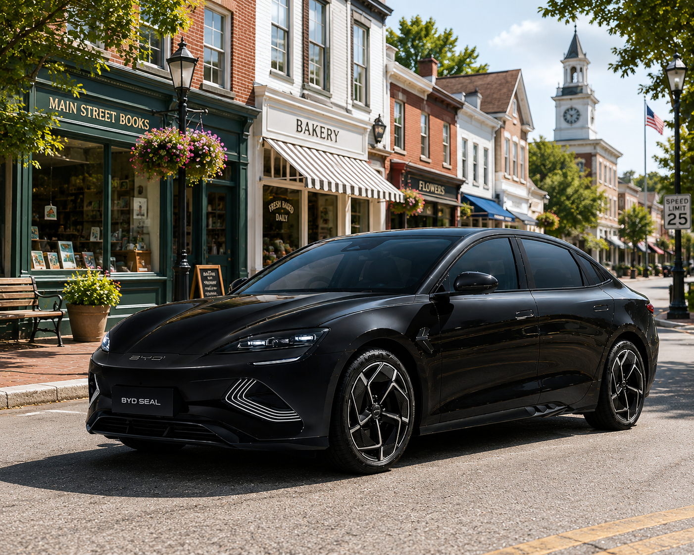Black BYD Seal parked on a quiet village high street